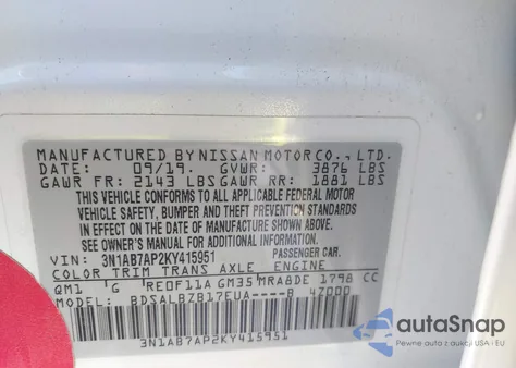 2019 Nissan Sentra S z USA, uszkodzony, nr VIN 3N1AB7AP2KY415951